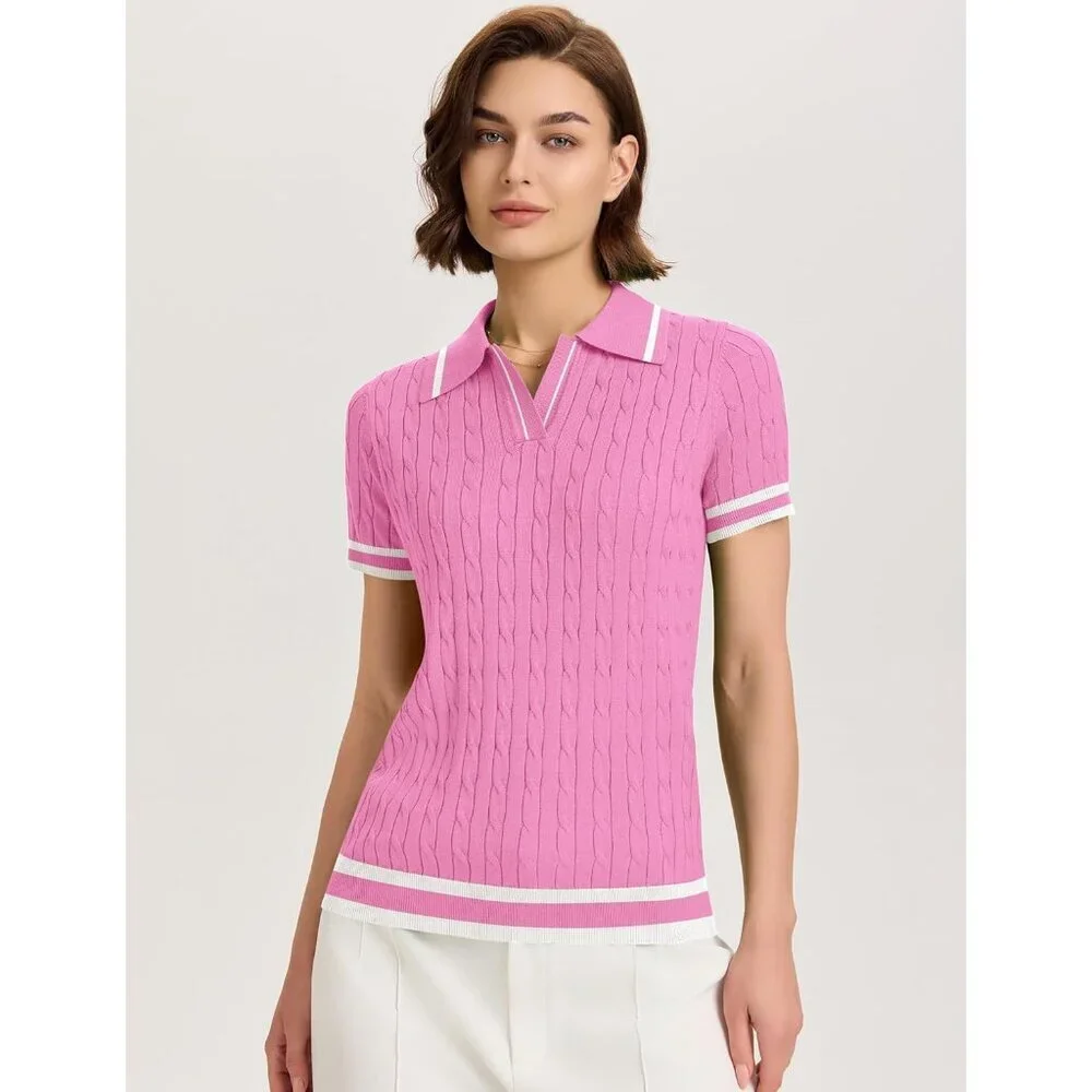Elegant Women's Summer Cable Knit Sweater - Pink & White Stripe, Size X-Large - Picture 2 of 5